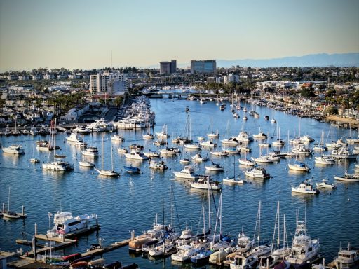 A picture of Newport Bay, with boats and buildings. 